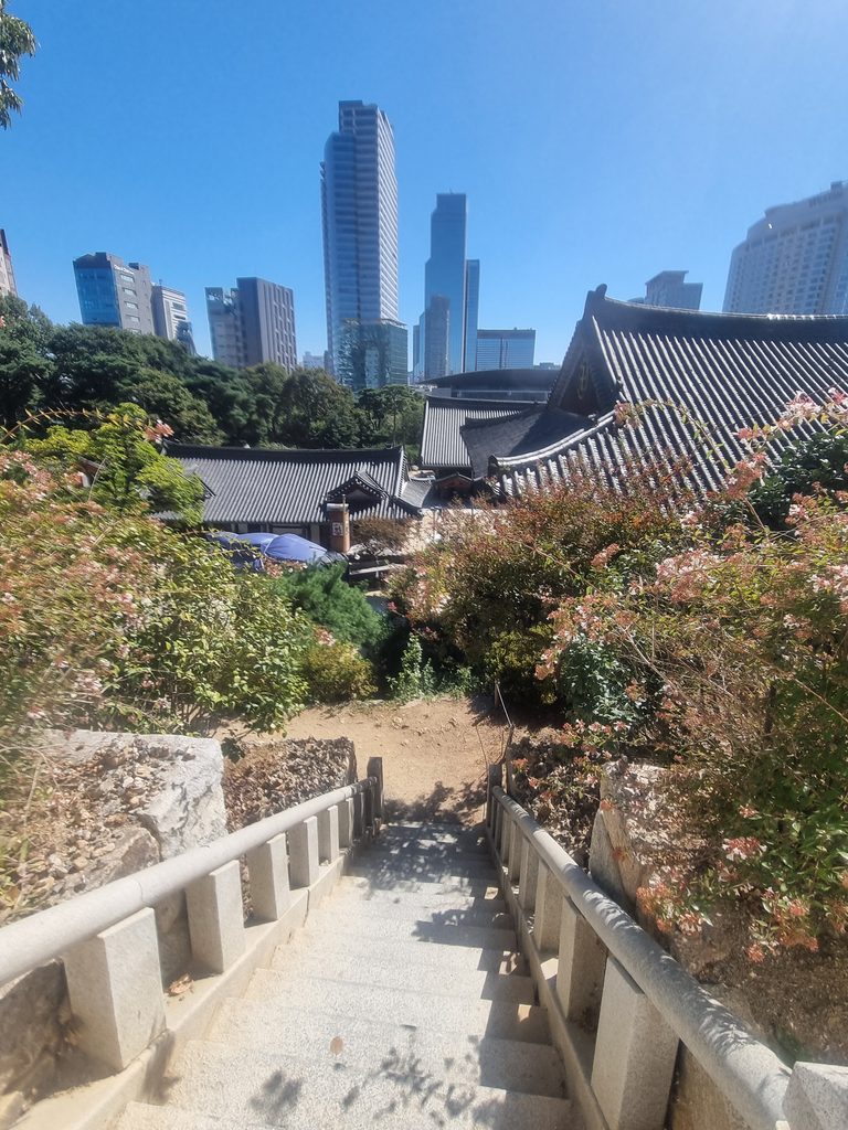Stone steps on Bongeunsa's walking trail overlooking temple rooftops and the Gangnam skyline