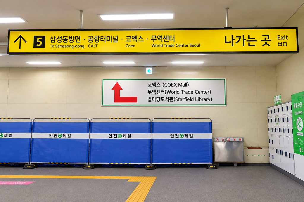 Signs directing visitors to COEX Mall from Samseong Station Exit 5 in Seoul